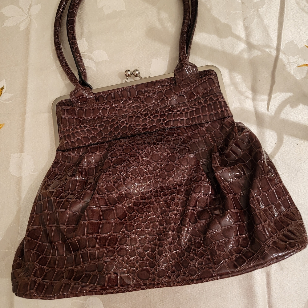 Bueno Dark Brown Crocodile-Embossed Shoulder Bag
